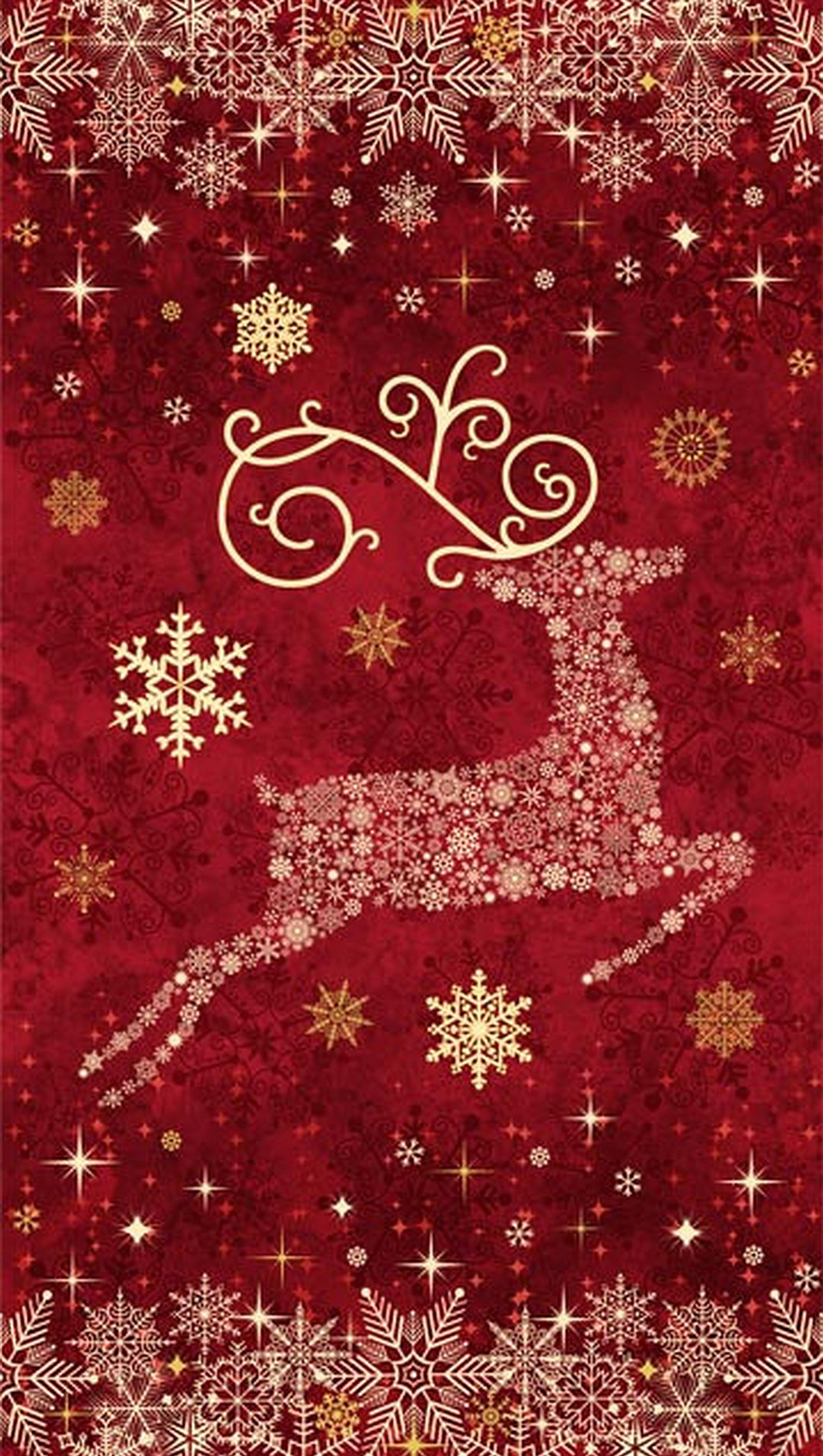 A red christmas card with a reindeer and snowflakes (christmas, reindeer)