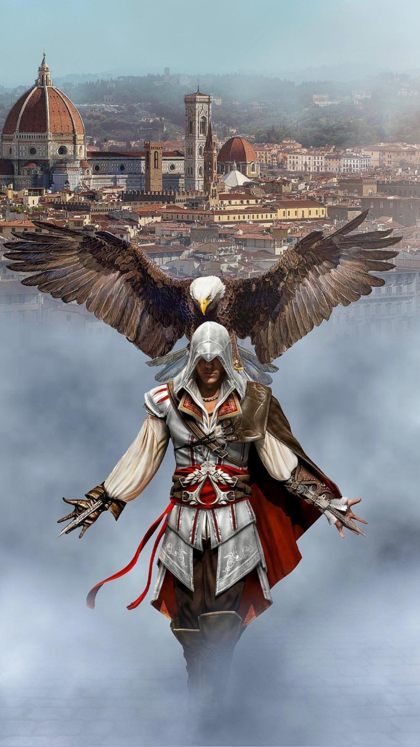 Image arabe d'un homme avec des ailes volant au-dessus d'une ville (assassins creed, jeu, film)