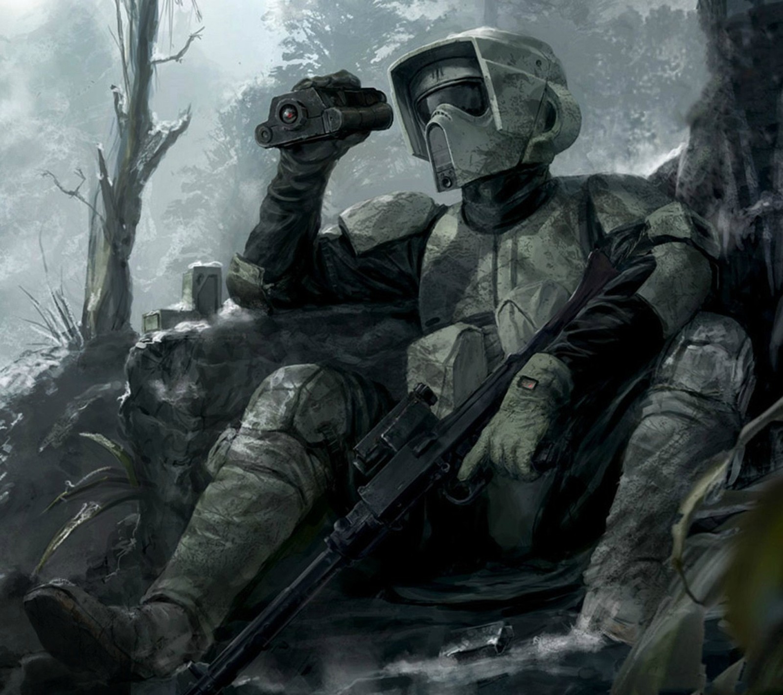 Arafed soldier with a gun and a rifle sitting in a forest (endor, scout trooper, star wars, starwars)