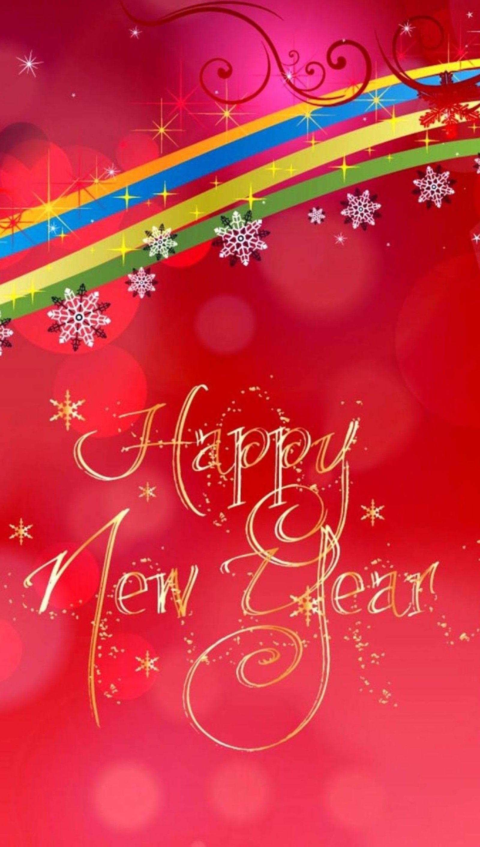 A red background with a rainbow and snowflakes and a happy new year message (decor, festive, happy, new year)