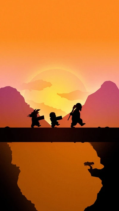 Figuras en silueta de Goku y Krillin cruzando un puente al atardecer contra un cielo vibrante, acompañadas de un motivo de dragón.