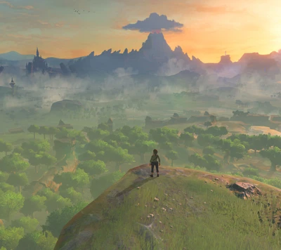 Link observa a vasta paisagem de Hyrule ao pôr do sol em Breath of the Wild