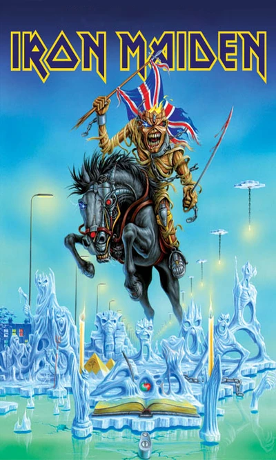 Eddie the Head Rides Through a Futuristic Ice Landscape with Iron Maiden Logo