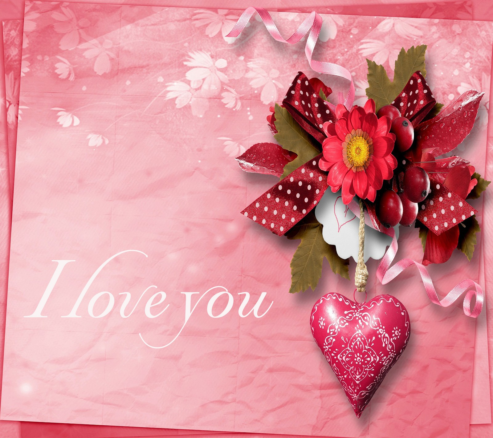 Valentine card with a heart and flowers on a pink background (i love, you)