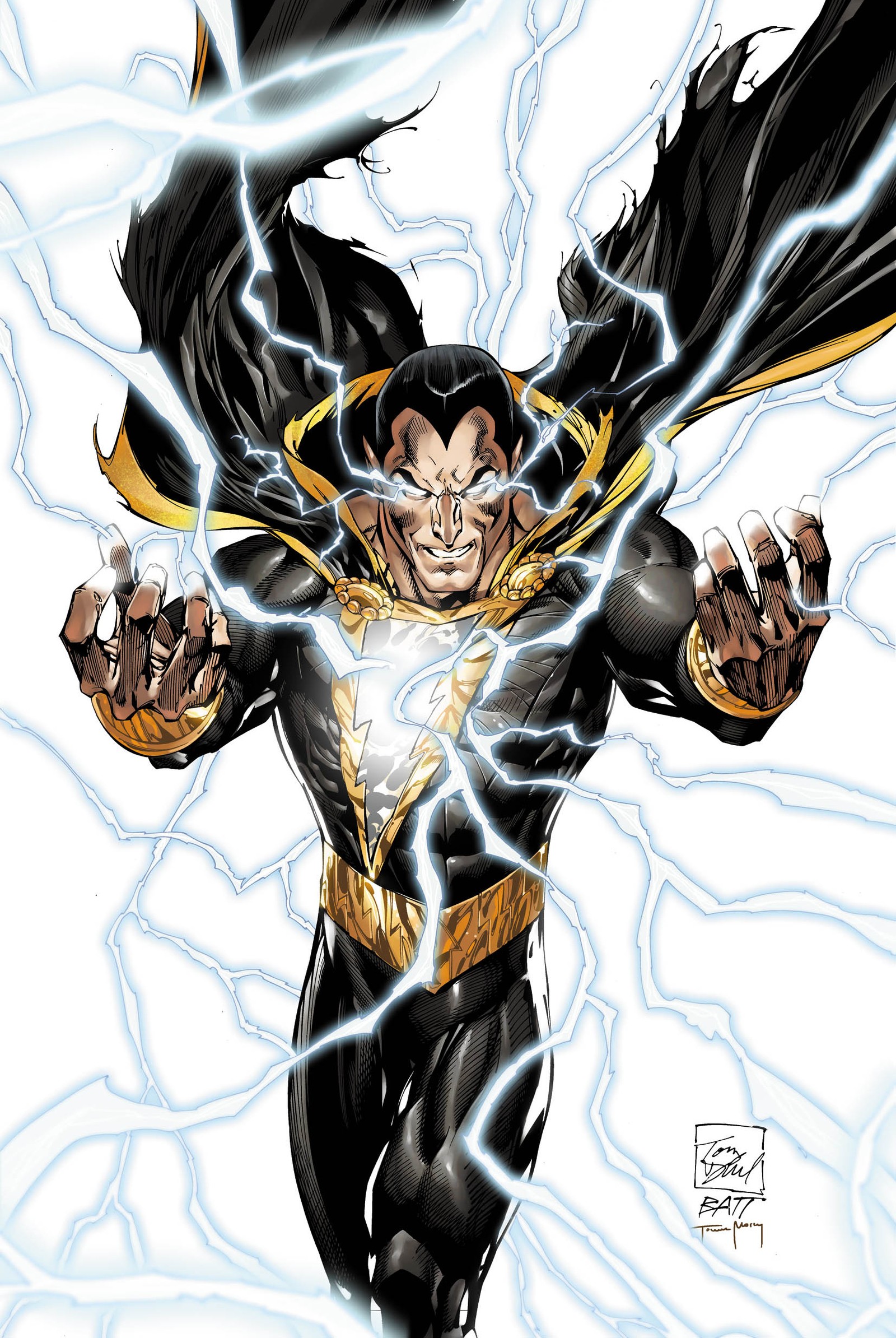 Un primer plano de una persona con un rayo en la mano (black adam, injusticia)