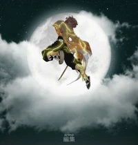 Zenitsu de Demon Slayer volando contra un fondo de luna llena.