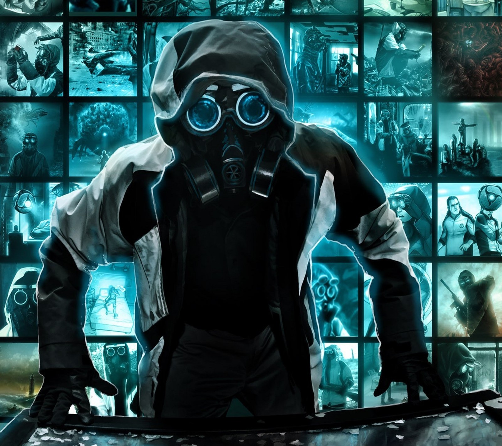 Arafed man in gas mask and goggles standing in front of a wall of video games (abej, apocalypse, beograd, funny, love)