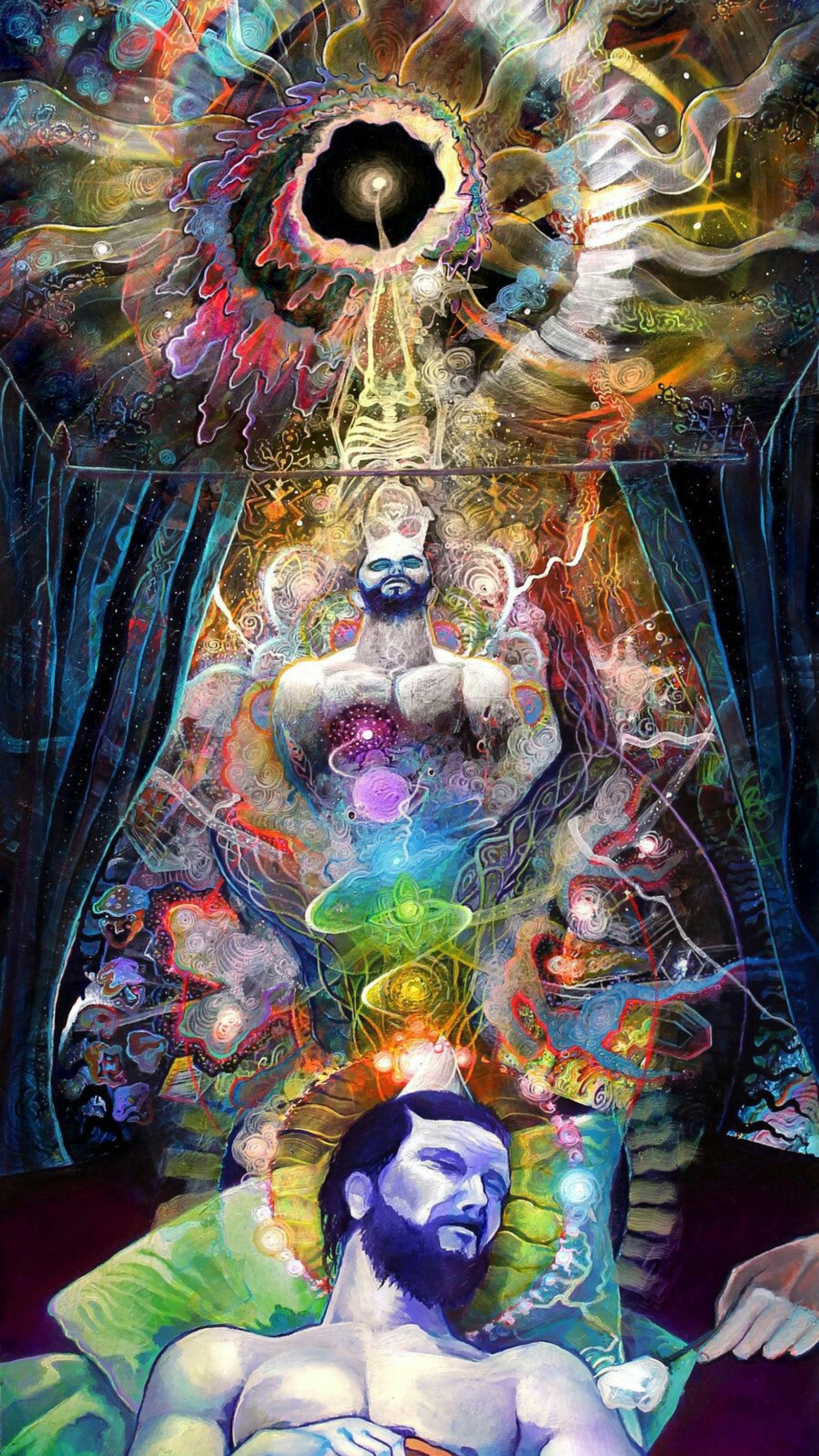 Pintura de um homem deitado na cama com um grande corpo d'água (ascension, astral, chakra, morte, etheric)