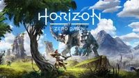 Aloy steht mit ihrem Bogen bereit und blickt auf eine üppige Landschaft, die von riesigen Maschinen und Bergen unter einem dramatischen Himmel geprägt ist, im Key Art für "Horizon Zero Dawn".