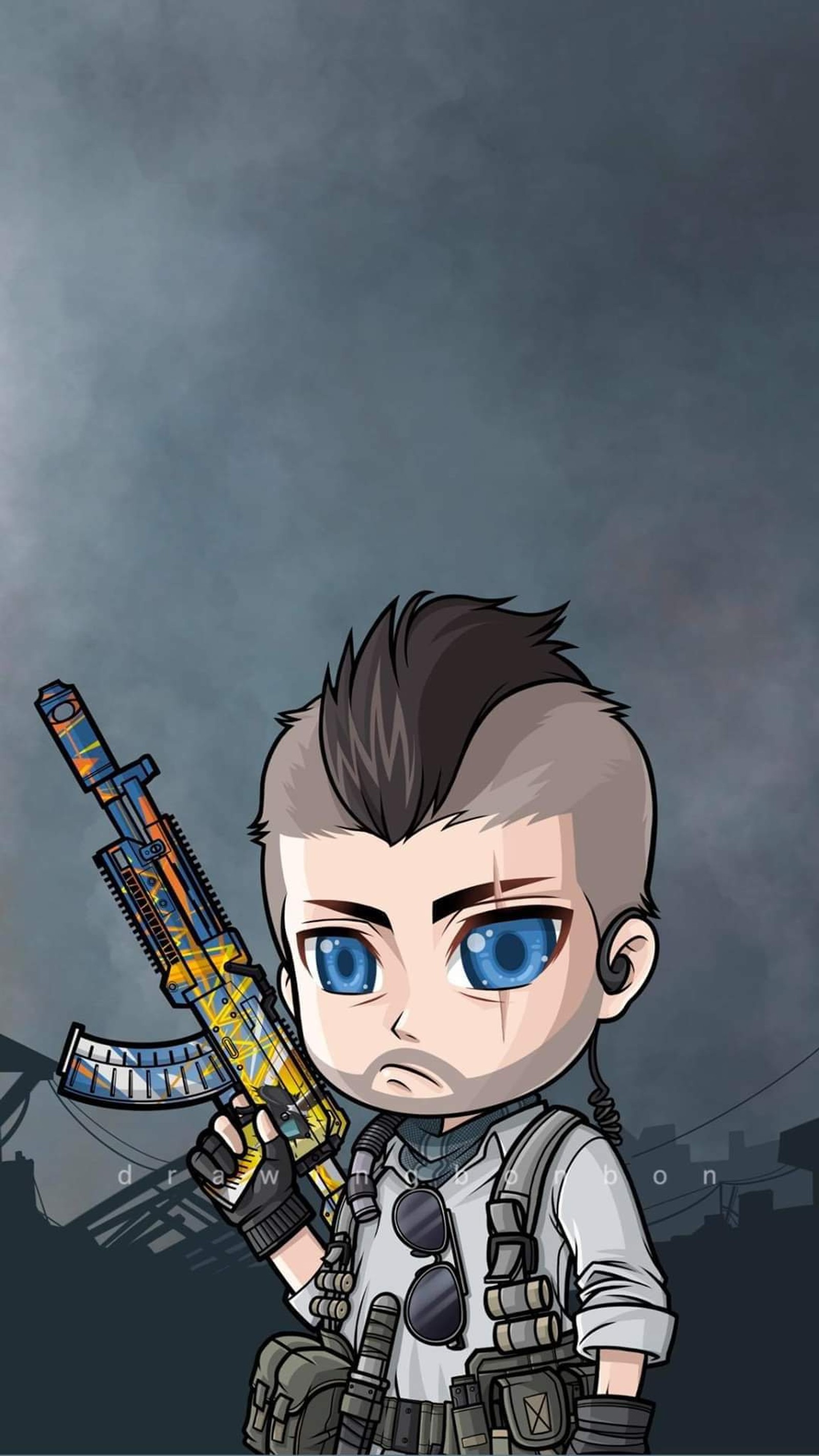 Une image de dessin animé d'un homme avec une arme à la main (morue, cod mobile)