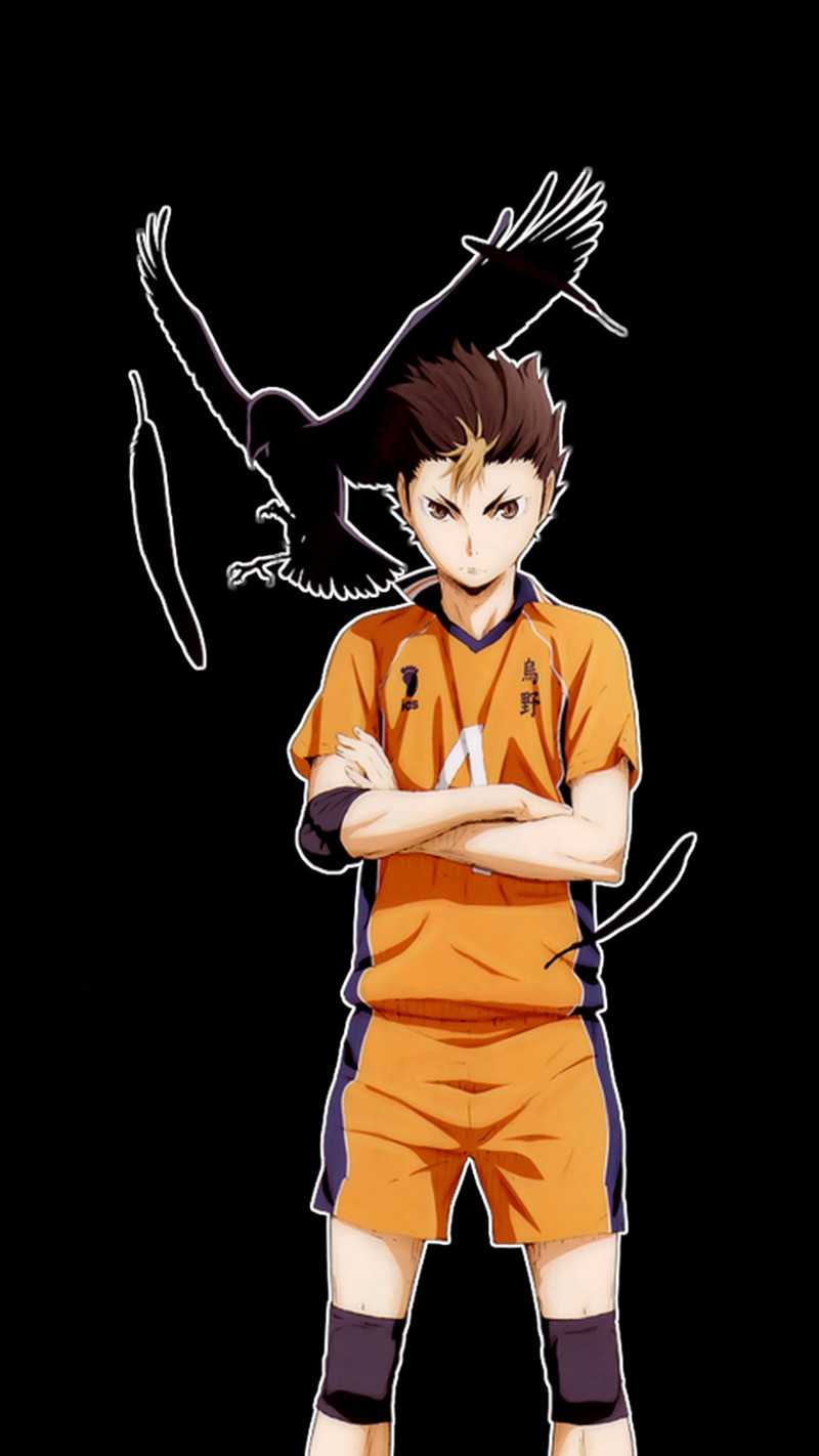 Крупный план человека с птицей на голове (аниме, anime, хайкю, haikyu, хайкью)