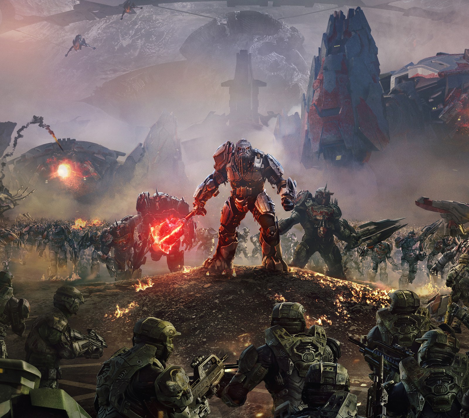 A group of people in armor standing on a hill with a giant robot (halo, microsoft, wars, xbox)