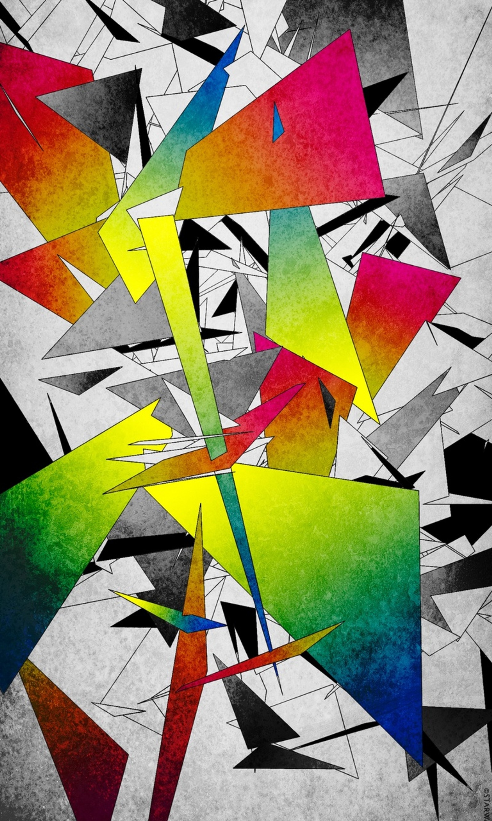 A close up of a colorful abstract painting of triangles (abstract, colors, shapes)