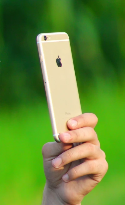 Hand holding a gold iPhone against a vibrant green background.