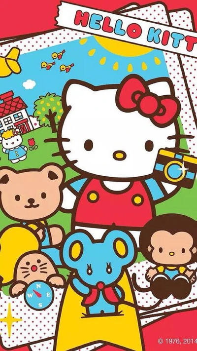 Hello Kitty et ses amis dans un paysage de dessin animé joyeux