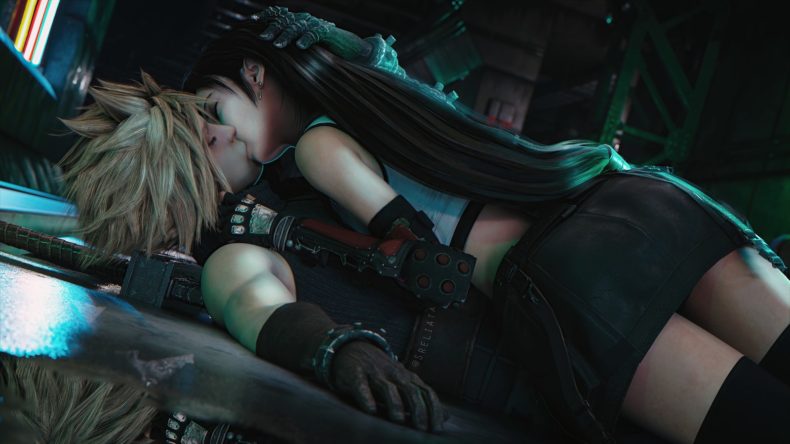 Скачать обои клауд страйф, cloud strife, тифа локхарт, tifa lockhart, поцелуй