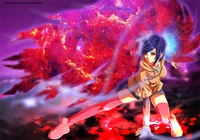 Dynamisches Kunstwerk von Kirishima Touka vor einem kosmischen Hintergrund