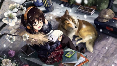 Una niña alegre con gafas se sienta en un entorno nevado al aire libre, leyendo un libro junto a un perro amigable, rodeada de libros y flores en flor.