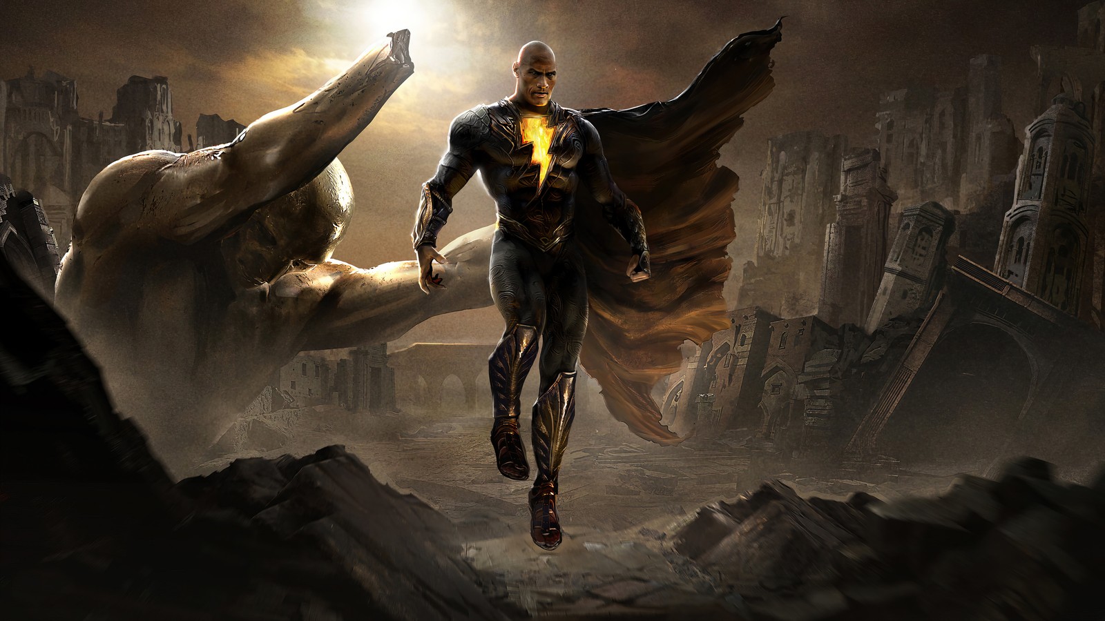 Hombre en un traje negro y capa volando sobre una ciudad (black adam 2022, película, black adam)