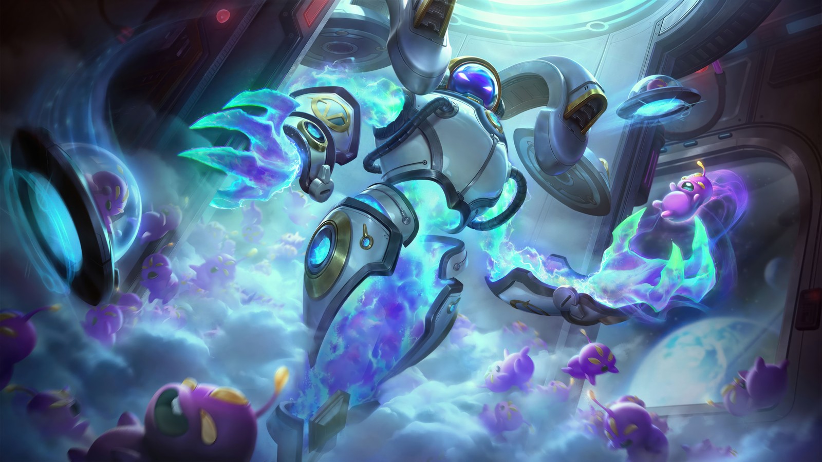 Un primer plano de un robot con un montón de luces moradas y azules (astronauta, xerath, lol, league of legends, videojuego)