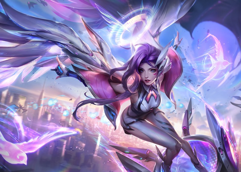 A woman with purple hair and wings in a purple outfit (battle dove seraphine, league of legends, seraphine, purple aesthetic, games)