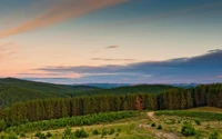 Paisagem serena das terras altas ao crepúsculo com floresta e colinas onduladas