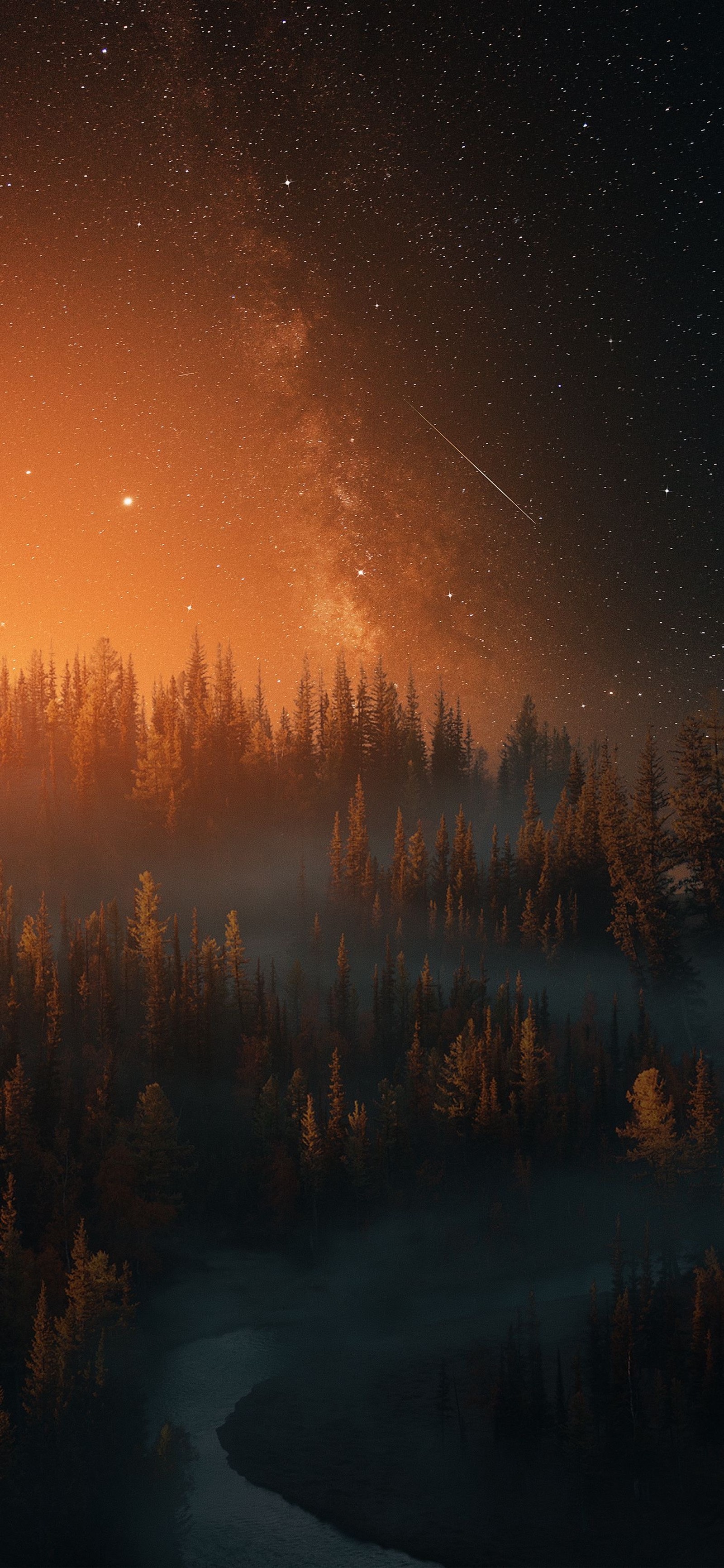 Des arbres et une rivière au premier plan avec un ciel orange vif (terre, astronomie, atmosphère, paysage naturel, nature)