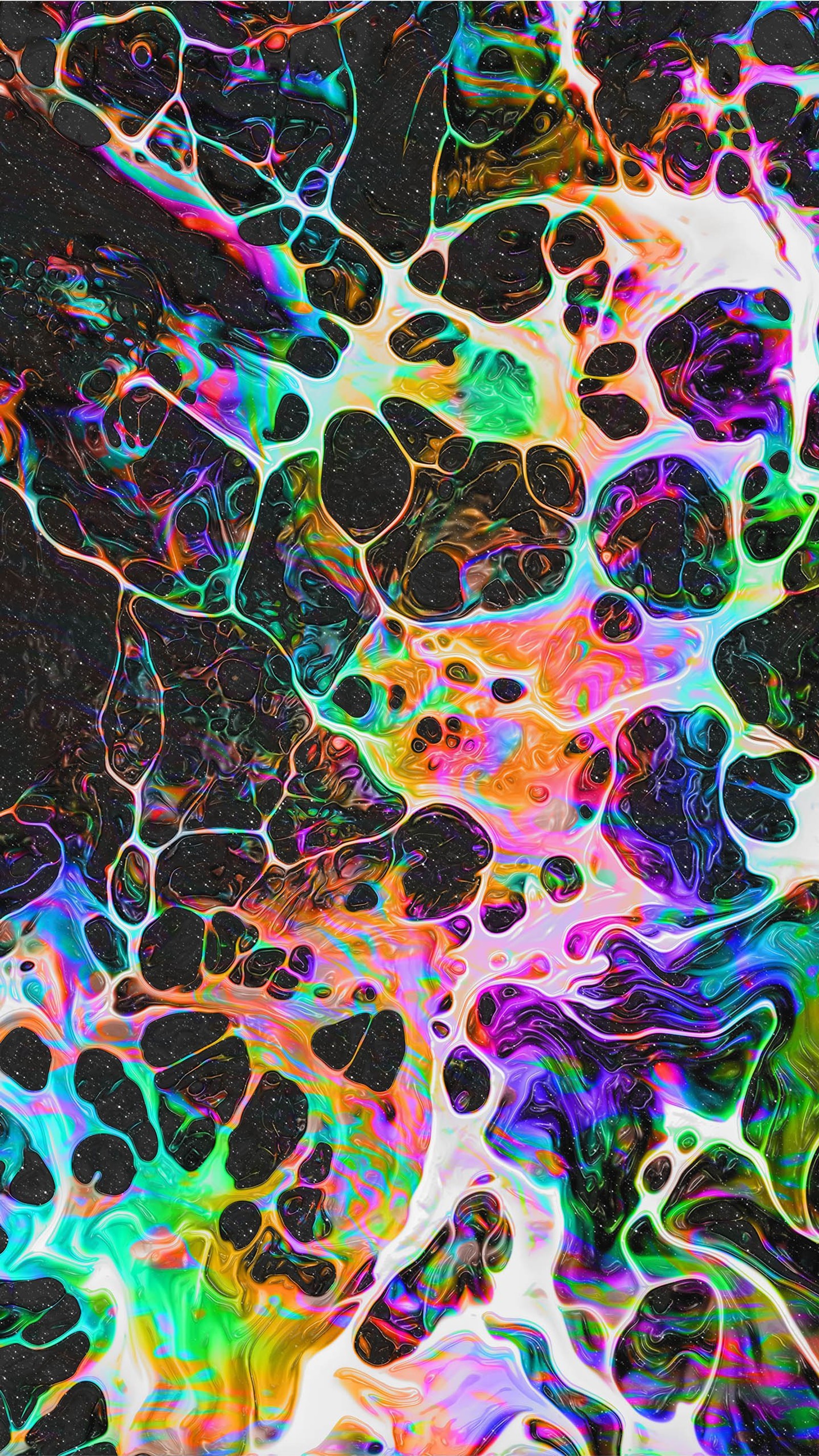 A close up of a colorful liquid substance on a black surface (psychedelic art, art, colorfulness, nature, symmetry)