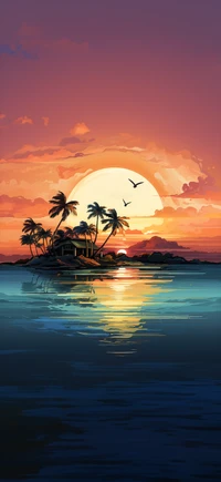 Serene Dusk Over a Tropical Island with Sunlit Clouds and Soaring Birds