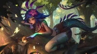 Neeko el camaleón curioso en un bosque encantado con un zorro juguetón