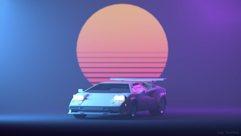 Крупный план автомобиля в комнате с неоновым освещением (synthwave, машина, розовый, пурпурный, спортивный автомобиль)