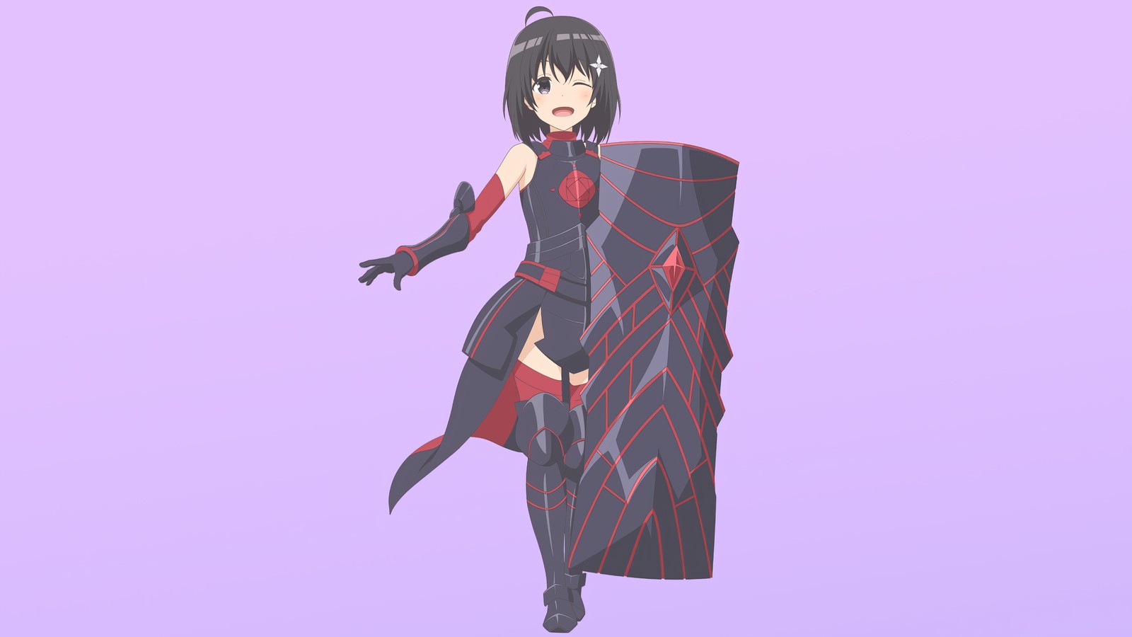 Uma mulher em um traje preto e vermelho em pé ao lado de um poste alto (bordo, bofuri, não quero me machucar então vou maximizar minha defesa, itai no wa iya nano de bougyoryoku ni kyokufuri shitai to omoimasu, anime)