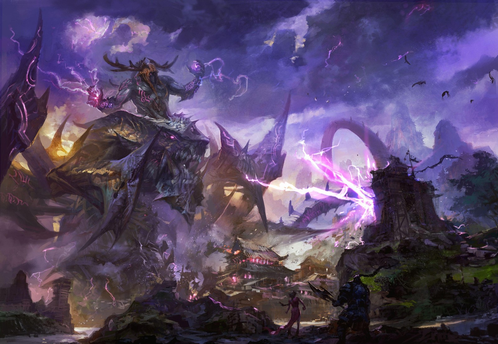 A painting of a giant monster with a man on it (monster, purple, violet, mythology, illustration)