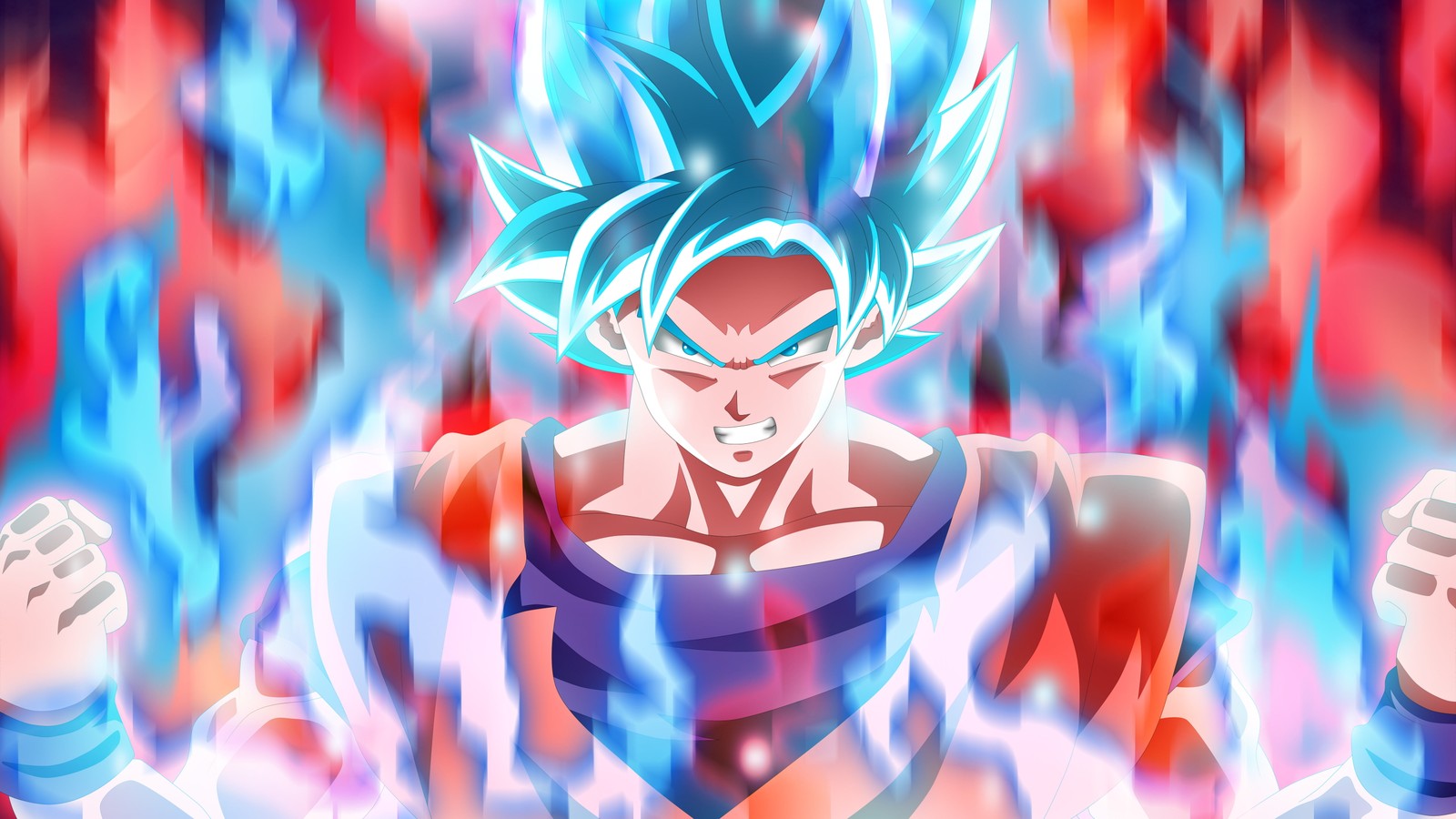 Un primer plano de una persona con un fondo azul y rojo (goku, anime, diseño gráfico, arte, personaje ficticio)