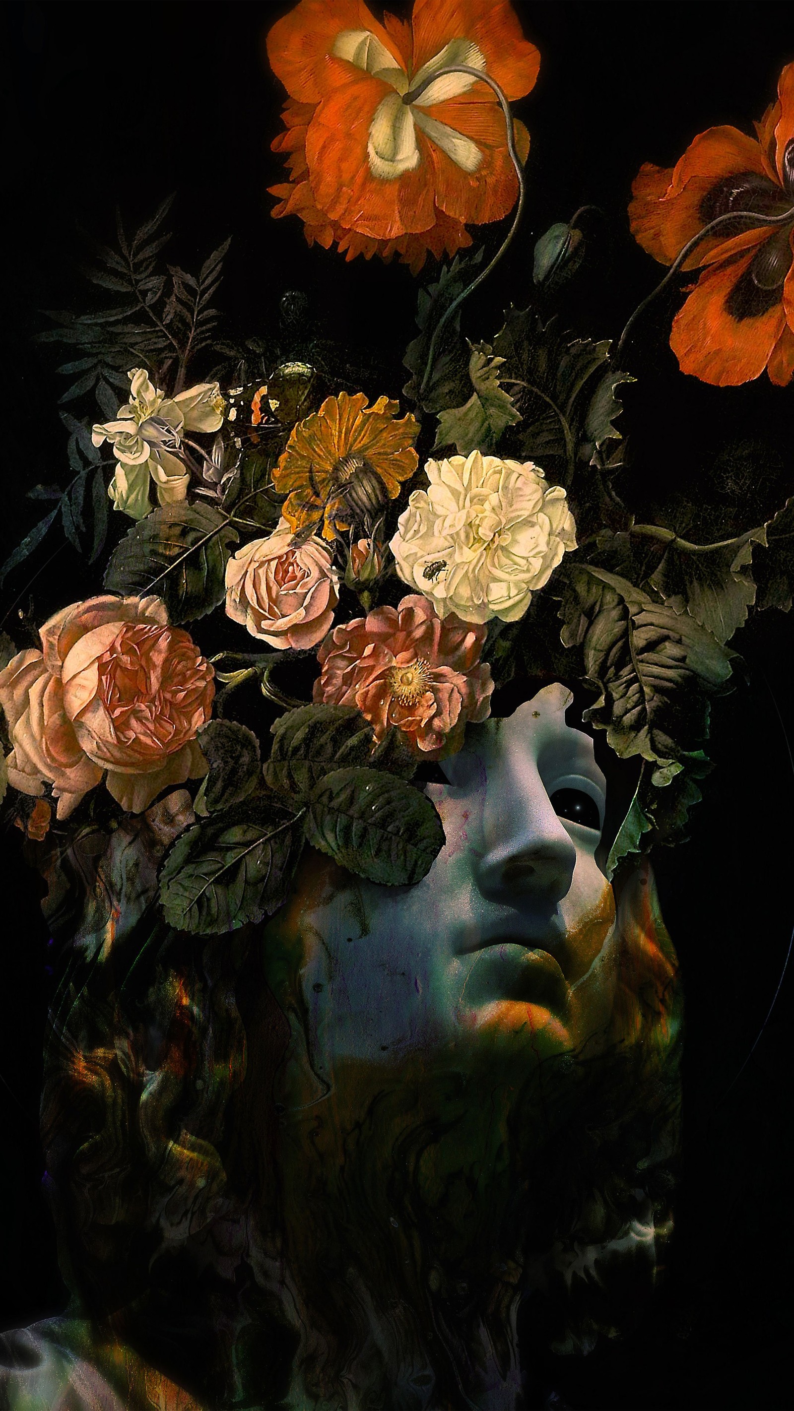 There is a painting of a man with flowers in his head (still life, art, poster, paris, lion)