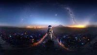 An astronaut stands on a vibrant cosmic landscape at night, gazing at a sprawling city illuminated under a star-filled sky, with the Milky Way arching gracefully above the horizon.