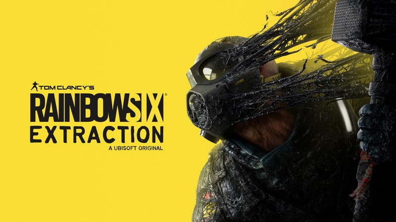 Мужчина в противогазе на желтом фоне (tom clancys rainbow six extraction, e3 2021, игры 2021 года, желтый фон, компьютерные игры)