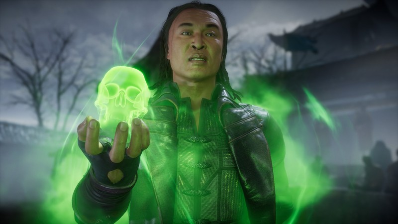 Человек в зеленом наряде с светящимся черепом (шанг цунг, shang tsung, mortal kombat 11, видеоигра)