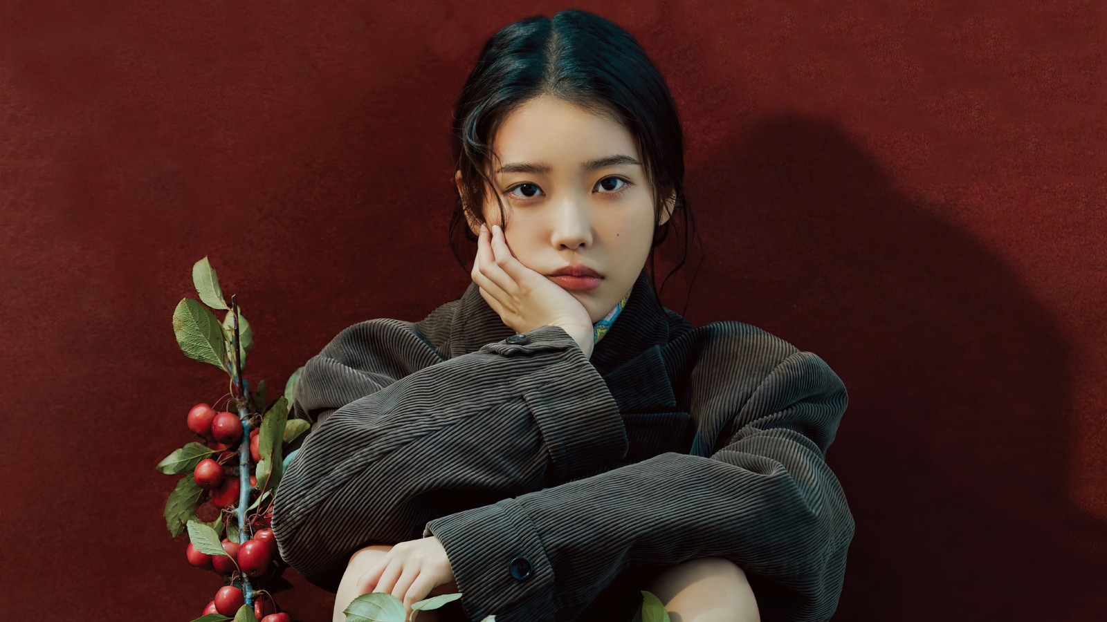 Arafed image of a woman sitting on a stool with a flower in her hand (iu, 아이유, lee ji eun, 이지은, kpop)