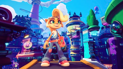 Coco Bandicoot in a vibrant, futuristic cityscape from Crash Bandicoot 4: It's About Time.