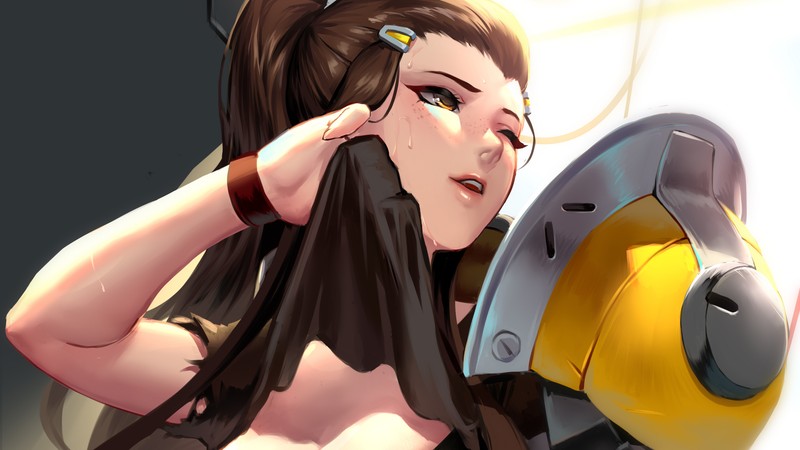 Аниме-девушка с длинными волосами и желтой каской (бригитта, brigitte, overwatch, видеоигра)