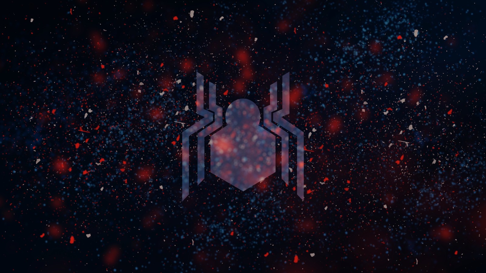 Un logo de araña sobre un fondo oscuro con estrellas rojas y azules (nebulosa, spider man, spider man homecoming, universo, noche)