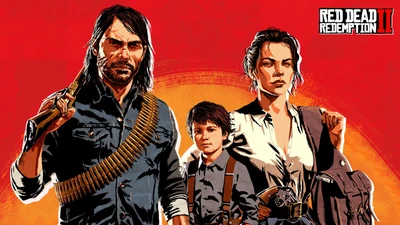 Trio dynamique de Red Dead Redemption 2 contre un fond de coucher de soleil audacieux