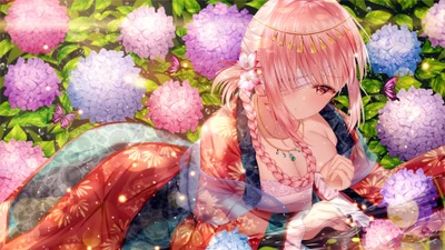 Fille d'anime sereine en kimono entourée d'hortensias colorés