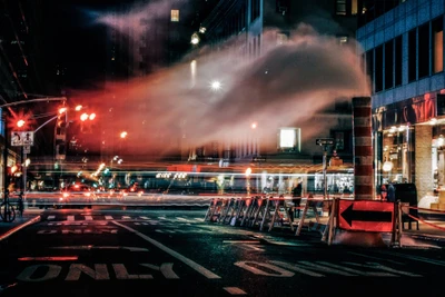 Scène nocturne dynamique d'une rue de New York avec des lumières de performance et une architecture urbaine