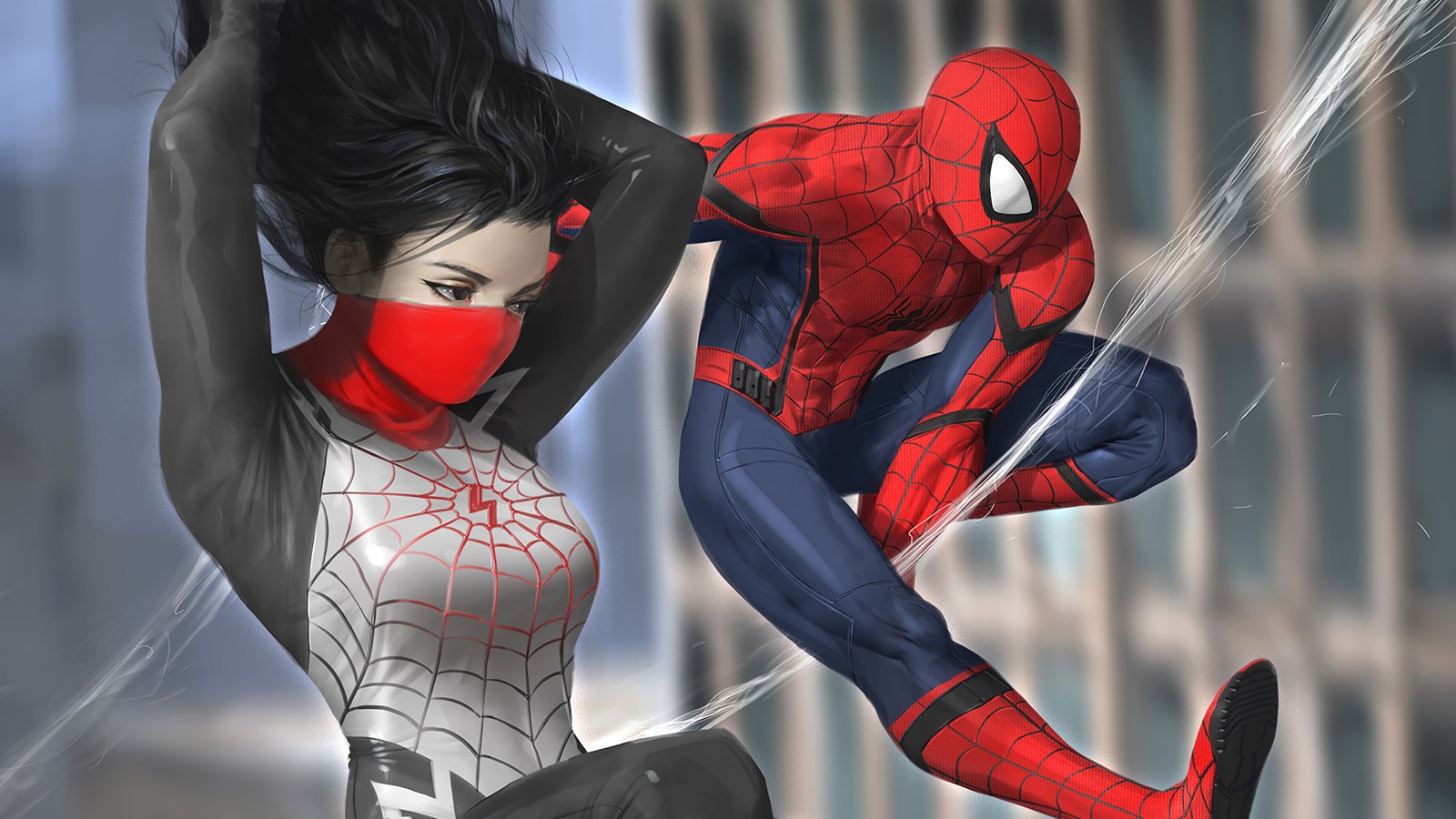 Hombre araña y viuda negra junto a chica araña (seda, spider man, marvel comics, cómics)