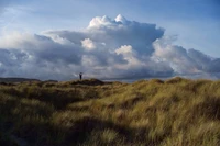 Silhouetted Figure Against a Dusk Sky Overrolling Grasslands