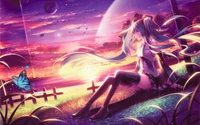 Hatsune Miku and Kaito in a serene cosmic landscape at sunset, surrounded by vibrant colors and a butterfly.