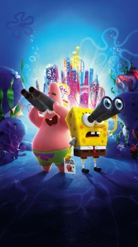 SpongeBob e Patrick explorando a cidade subaquática em uma aventura colorida