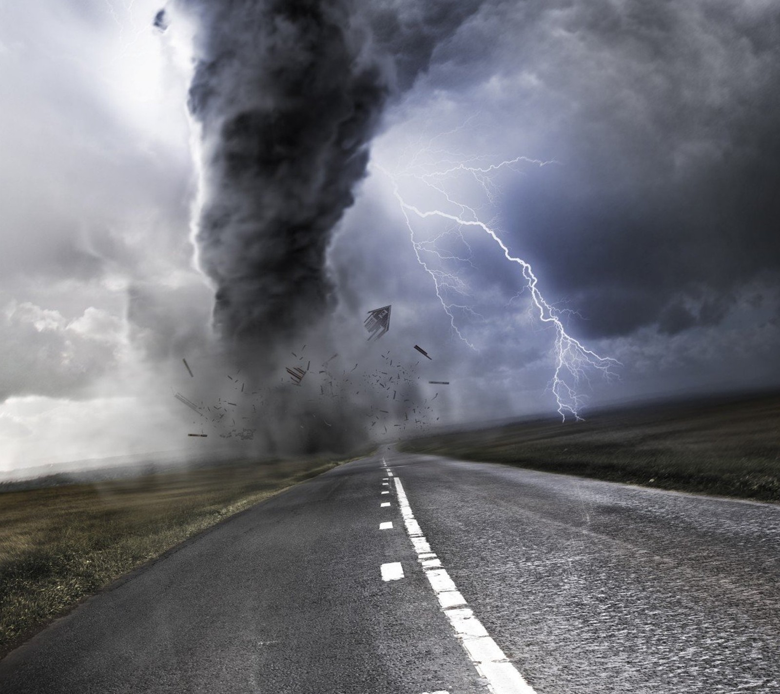 Arafed image of a road with a black cloud and lightning (nature, road, storm)